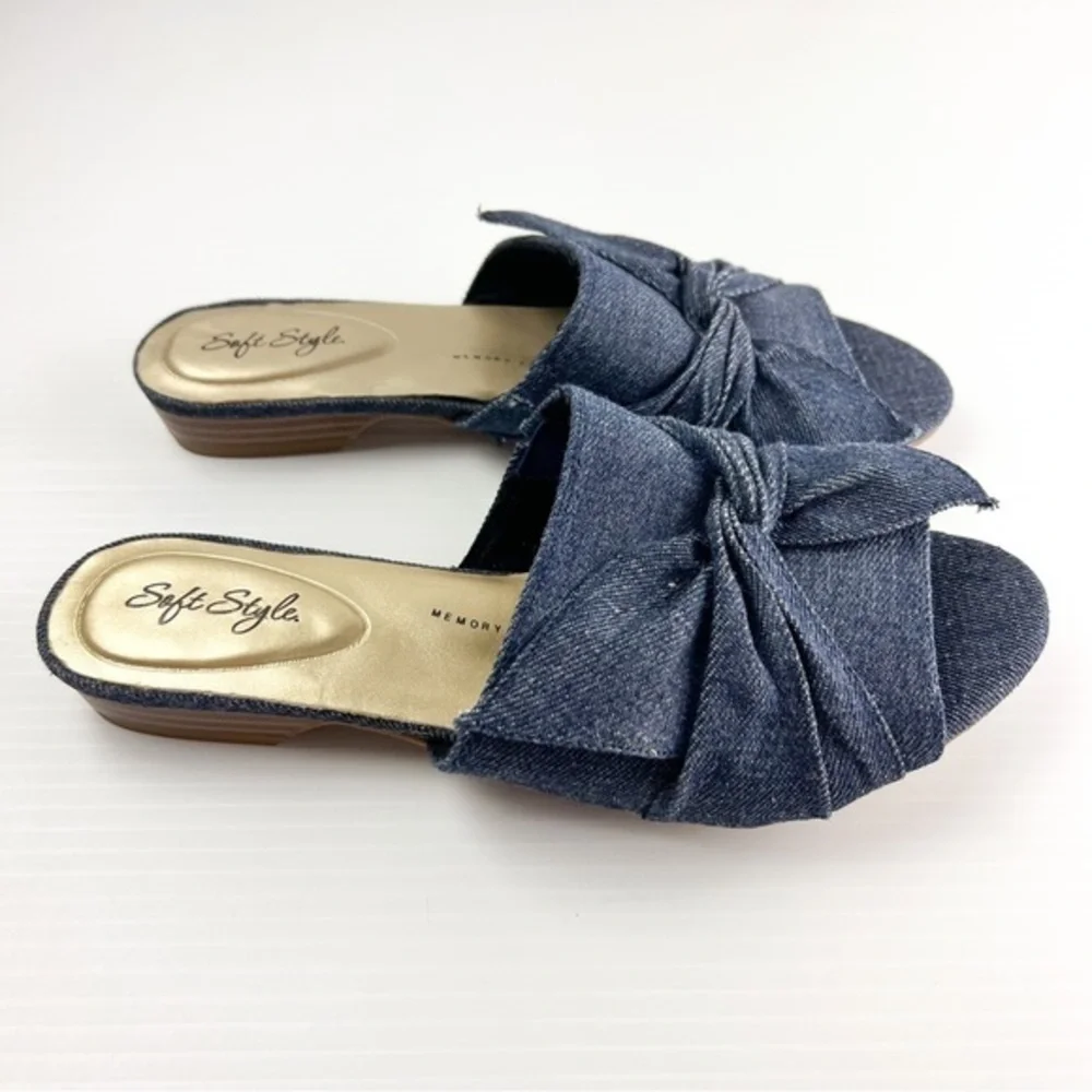 Soft Style Slides womens size 7.5 Denim Bow Flat sandals